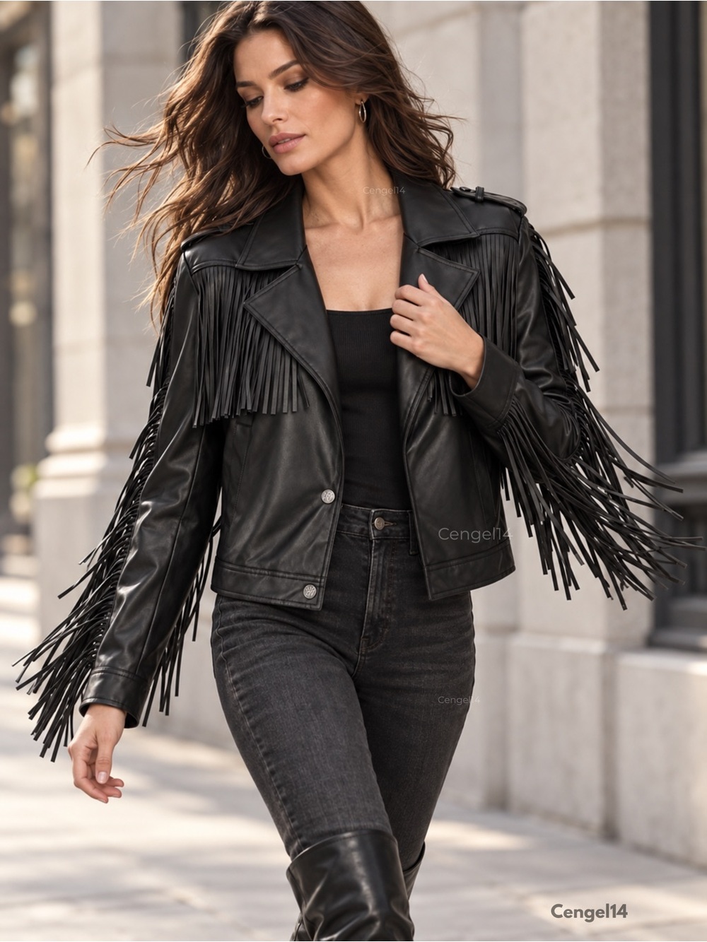 DKNY Black Faux Leather Fringe Moto Jacket Medium NWT